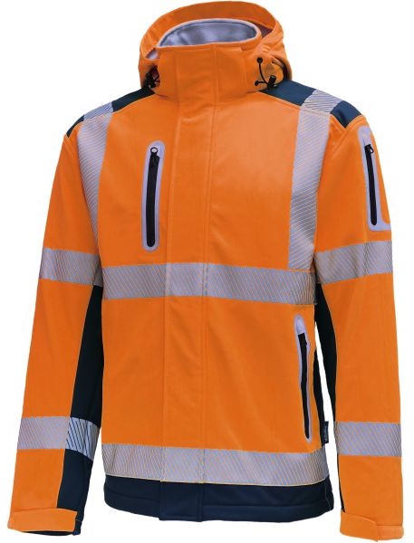 Vizwell VW177TO Warnschutz-Softshelljacke mit Kapuze leuchtorange-marine